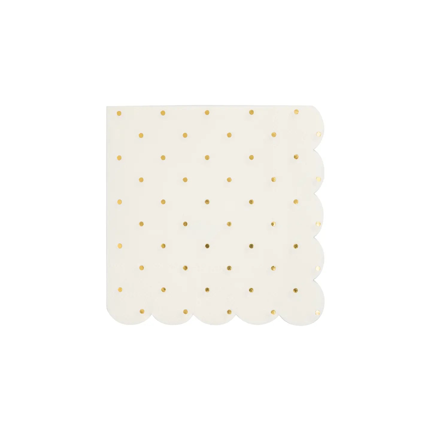 The Faire Cocktail Napkin is white with a scalloped edge and a playful pattern of small gold dots, perfect for adding fun to any dining setting.