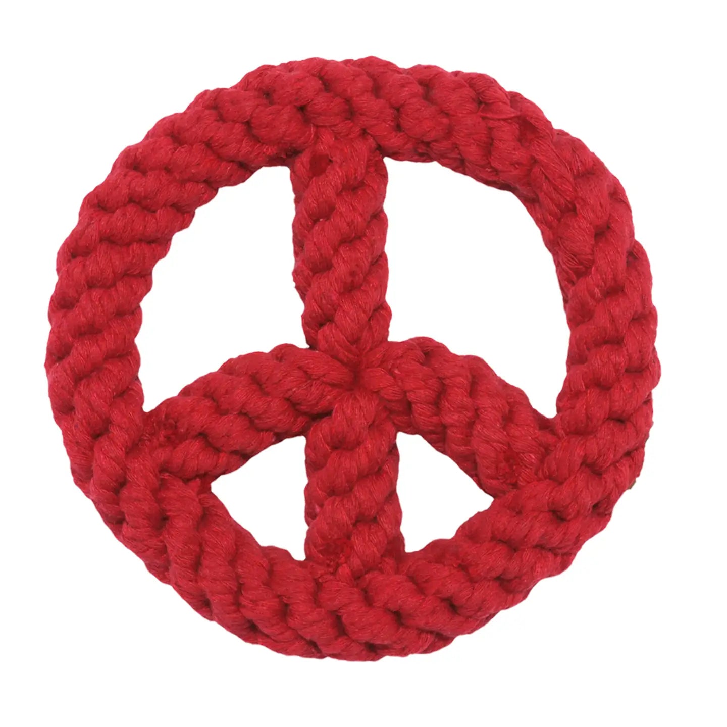 A red Faire Peace Sign Dog Toy elegantly forms a peace symbol against a pristine white background.