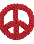 A red Faire Peace Sign Dog Toy elegantly forms a peace symbol against a pristine white background.