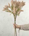 A hand holds the Indaba Pussytail Grass Spray, a bouquet of beige long-stem faux plants, against a light textured background. The person wears a light-colored, long-sleeved shirt with tied cuffs.