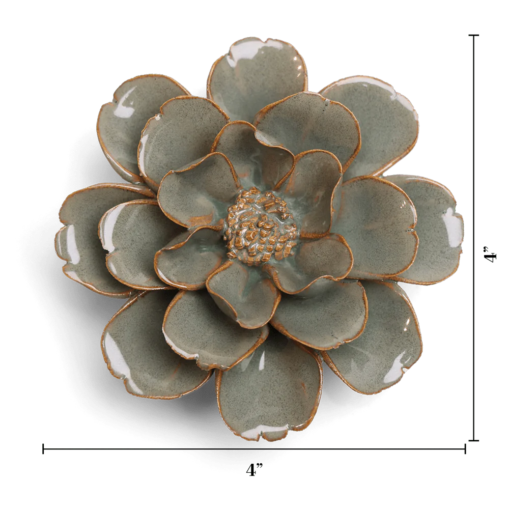The Moss Grey Oxeye Daisy by Chive Ceramics (thru Faire) is a 4"x4" handmade pottery decor piece with layered greenish-gray petals and brown edges—ideal as unique plant wall decor.