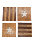 The Faire Stars & Stripes Coasters set includes four wooden coasters: two with white star inlays and two with striped light and dark wood, ideal as patriotic decor or farmhouse-style hostess gifts.