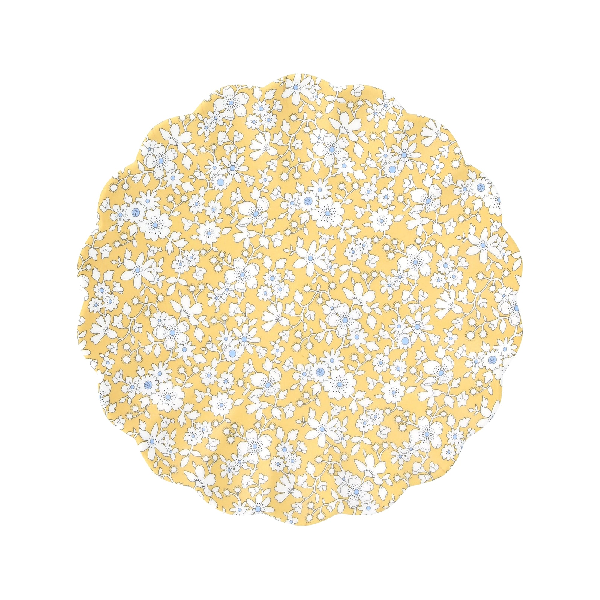 The Mixed Set Reusable Small Plates by Faire features round scalloped edges, a yellow background, and a white floral pattern with small flowers and leaves inspired by Liberty print plates.