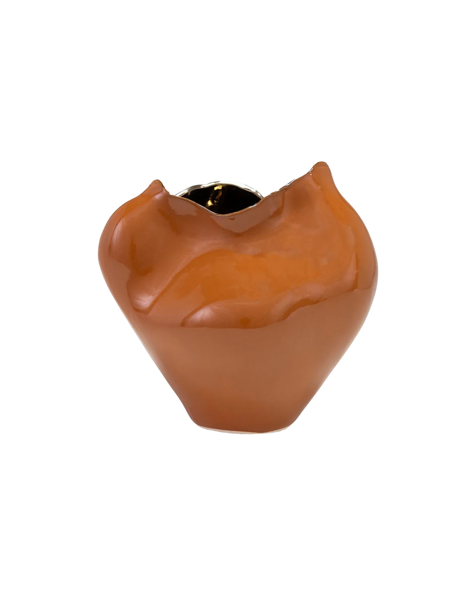 The Import Collection 20-490 Abitar Vase: a glossy, brown ceramic vase with an organic shape and small opening, perfect as sculptural decor for modern homes. Shown against a white background.