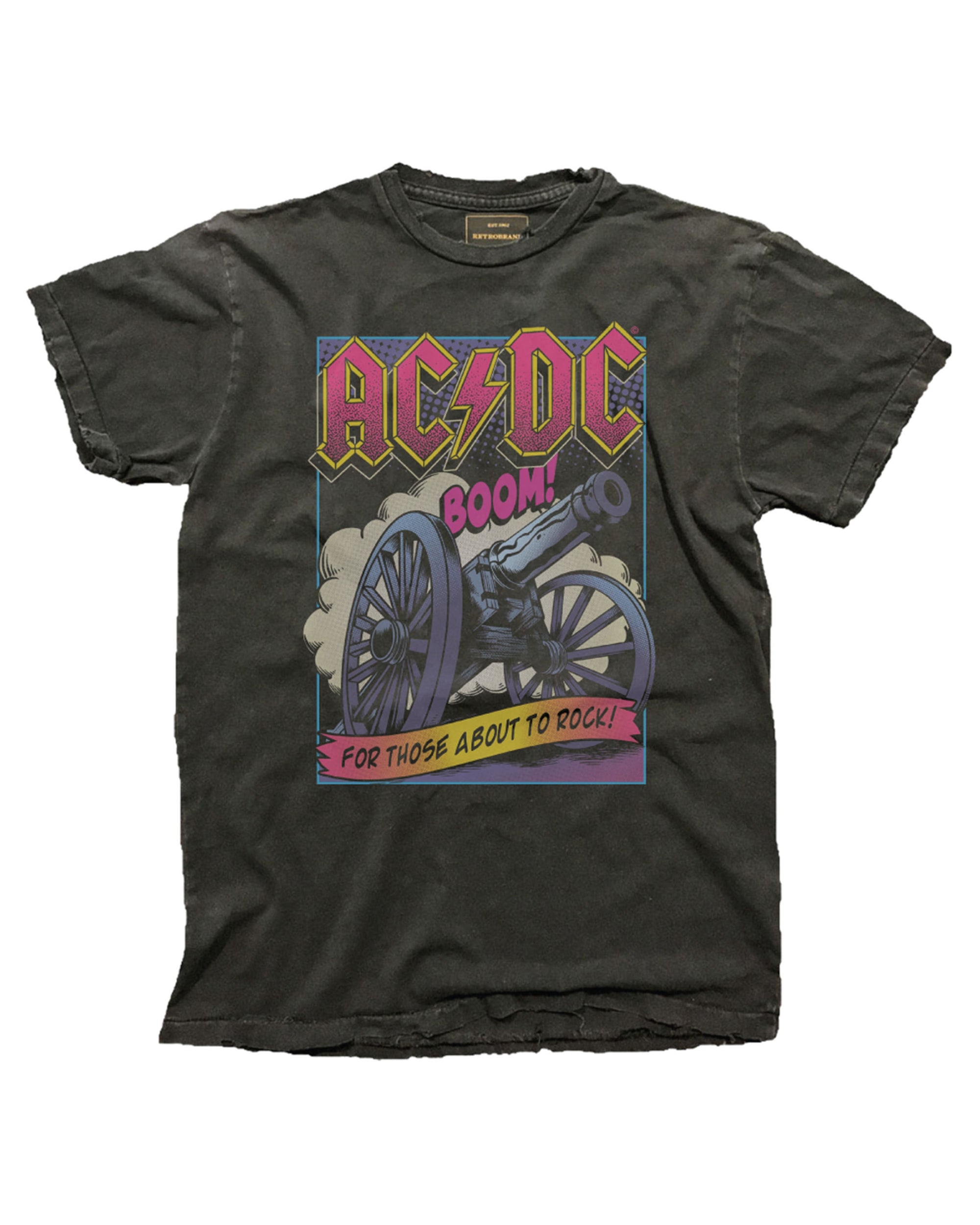 The Wildcat Retro Brands AC/DC Boom tee is a black vintage-style shirt featuring a cannon graphic.