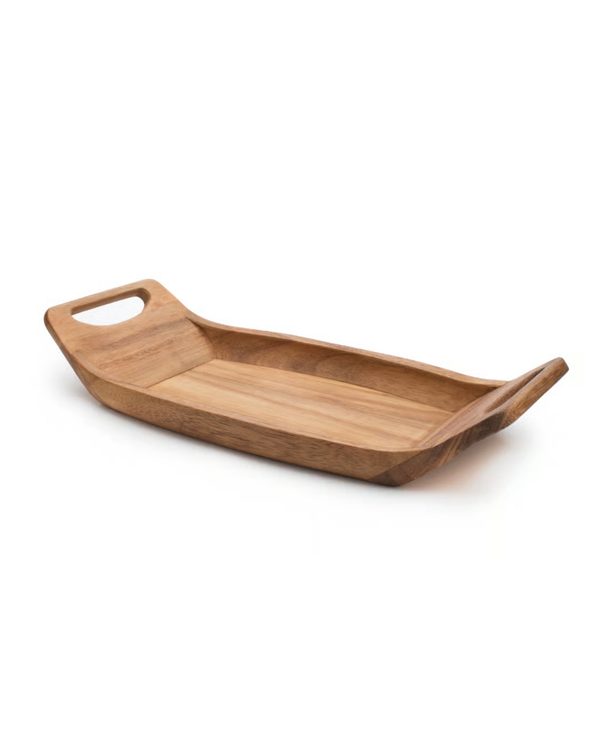 Fox Run Brands Acacia Serving Tray—crafted from acacia wood with raised, angled edges and cutout side handles—is a stylish, rectangular decorative tray shown on a white background.