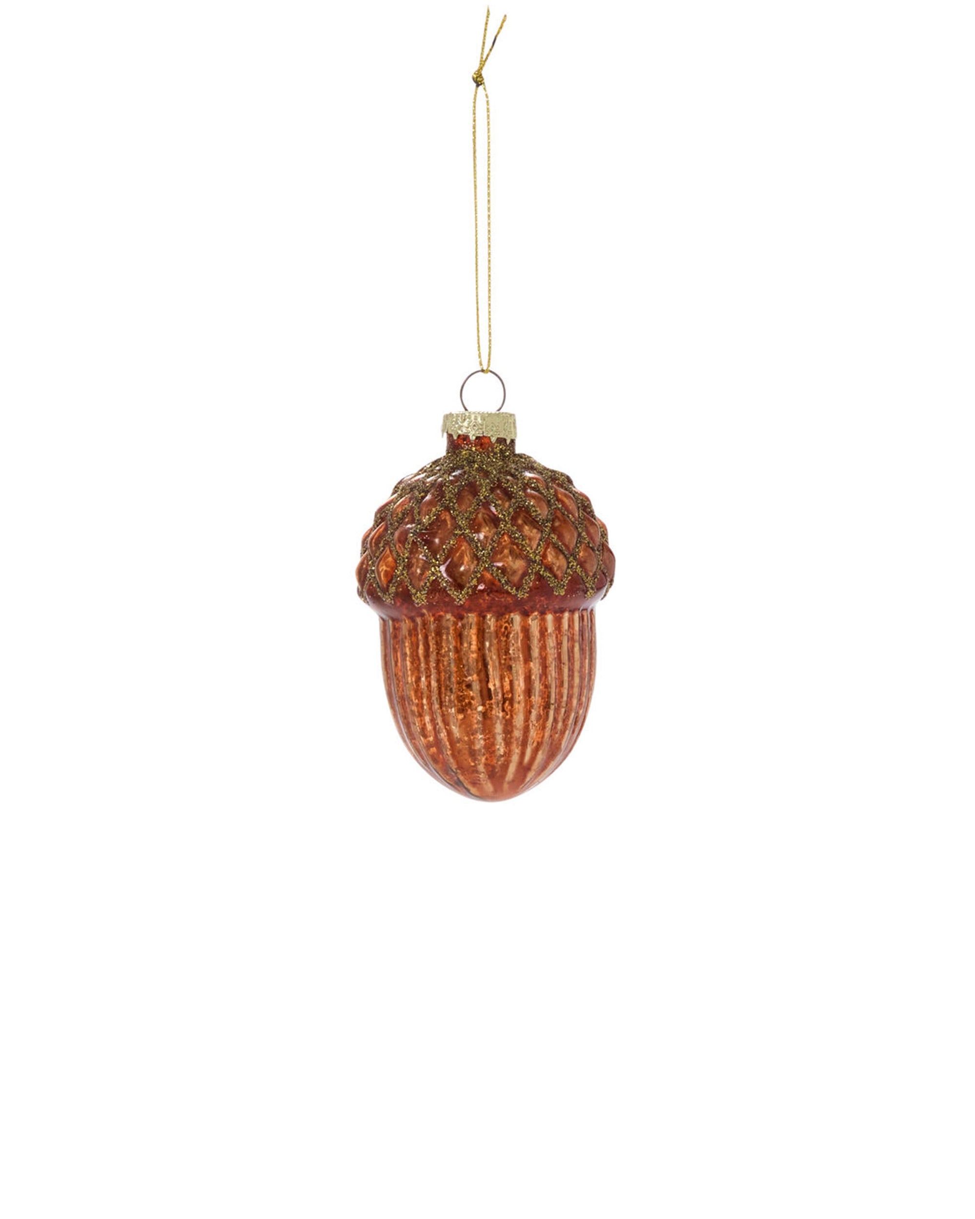 The Accent Decor 17870 Acorn Ornament features shiny brown mercury glass, a gold cap, and hanging loop—perfect for forest-themed collections. Shown isolated on a white background.