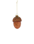 The Accent Decor 17870 Acorn Ornament features shiny brown mercury glass, a gold cap, and hanging loop—perfect for forest-themed collections. Shown isolated on a white background.