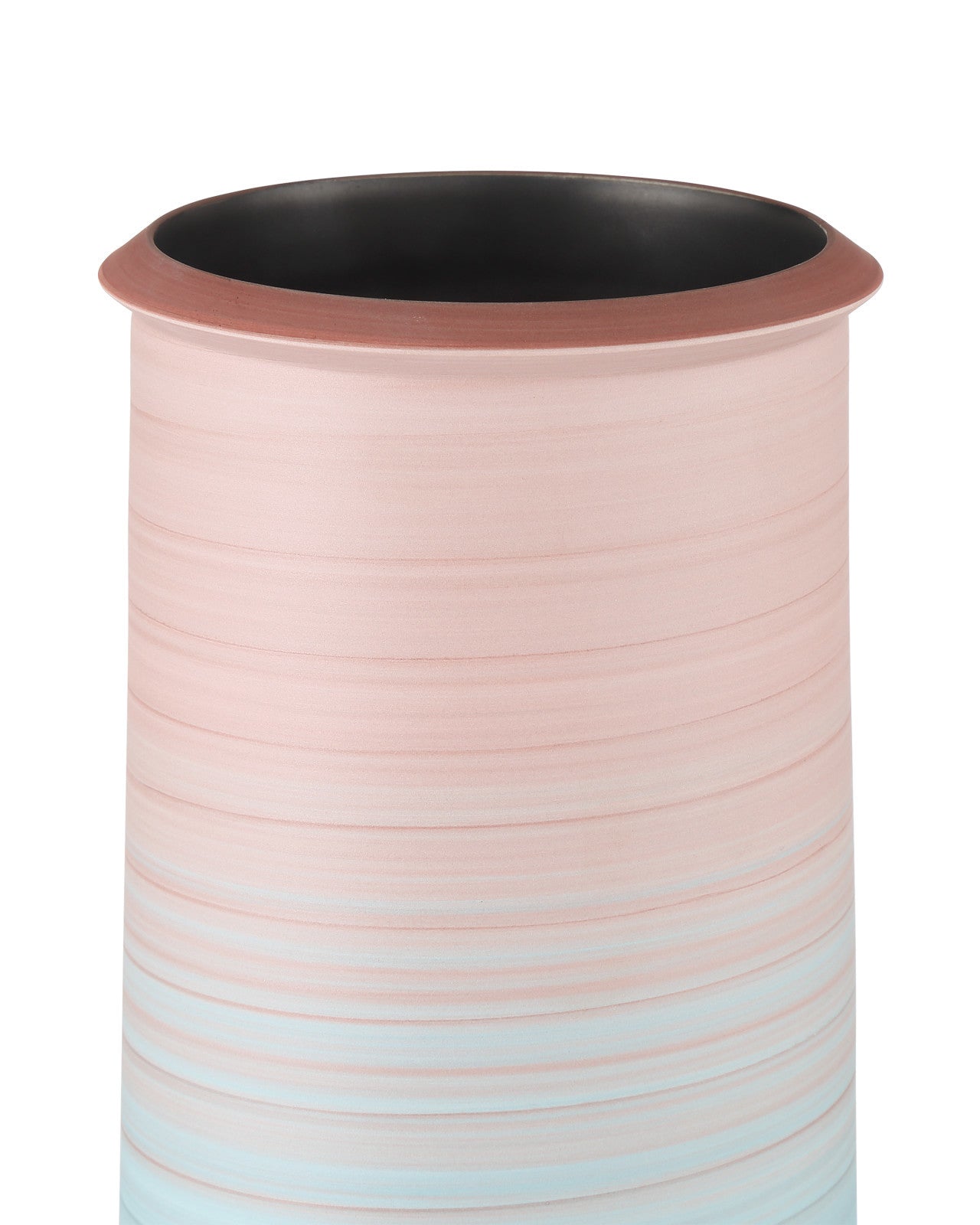 The Currey &amp; Company, Inc. 80&#39;s Vase Blue/Red features a tall, cylindrical porcelain shape with blue and red horizontal stripes and a wide dark rim—ideal for vintage home decor—shown on a white background.
