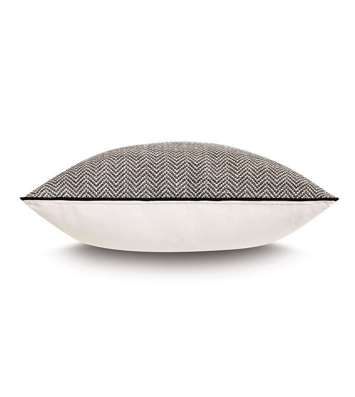 The Andes Woven Chevron Euro sham throw pillow by Eastern Accents features a black and white herringbone pattern above solid white fabric, shown against a white background.