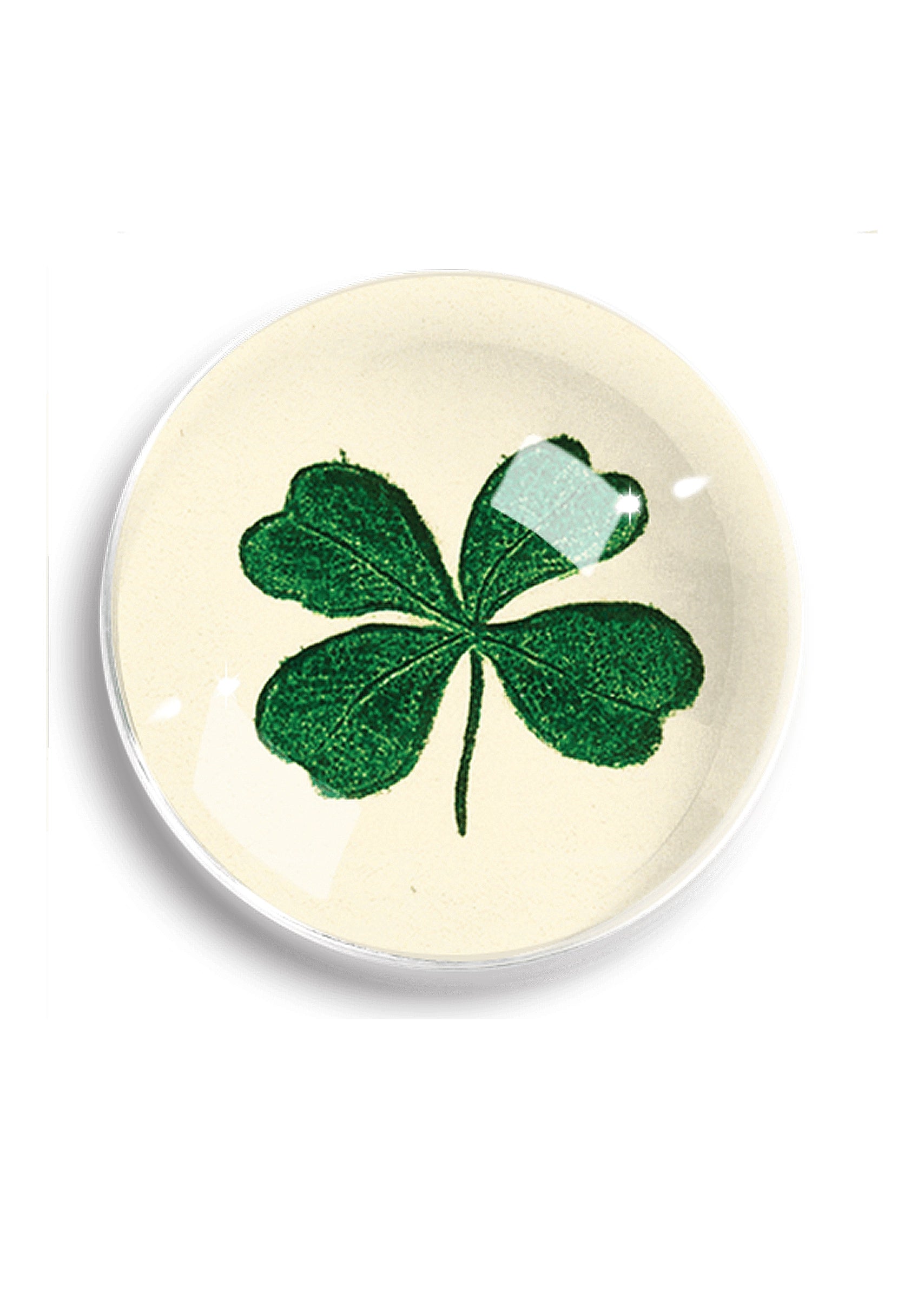 The Ben's Garden Dome Crystal Paperweight, handcrafted in New York, features a domed shape with a green four-leaf clover design and is shown on a white background.