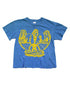 The Made Worn Aerosmith Crop Tee features a blue design with a yellow graphic of five people above the classic winged logo, giving this vintage-inspired top standout appeal for music fans.
