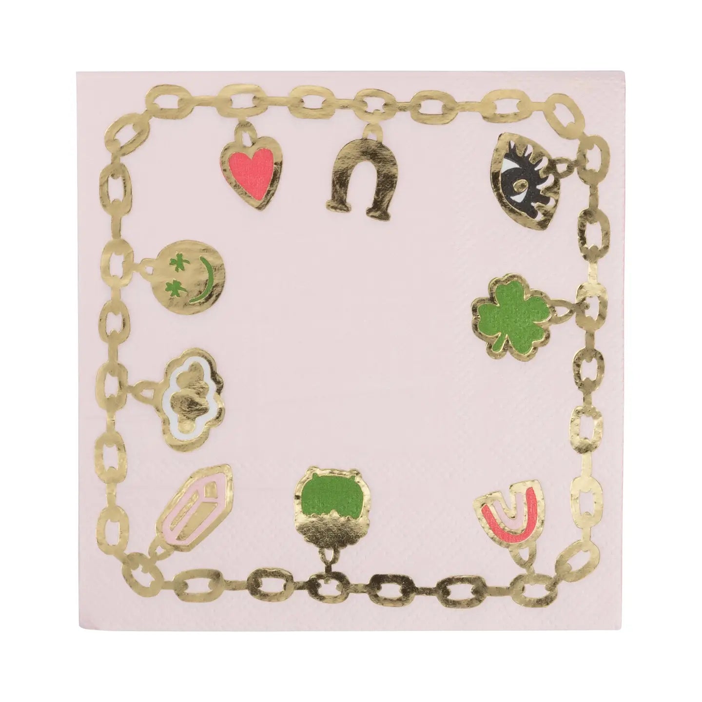 The Faire Cocktail Napkin is a fun square napkin featuring a decorative gold chain border, perfect for any occasion. Symbols like a horseshoe, heart, eye, and clover elegantly adorn the perimeter in gold on a light pink background.