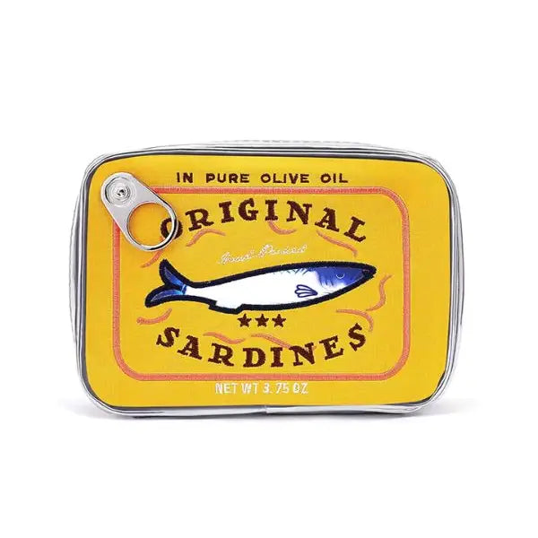 The 3.75 oz Sardine's Tin Can Gift Cosmetic Bag by Faire boasts a vibrant yellow label with a blue fish illustration and the text "Original Sardines" in bold black. As stylish as a trendy cosmetic bag, it's perfect for gifting or everyday use.