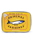 The 3.75 oz Sardine's Tin Can Gift Cosmetic Bag by Faire boasts a vibrant yellow label with a blue fish illustration and the text "Original Sardines" in bold black. As stylish as a trendy cosmetic bag, it's perfect for gifting or everyday use.