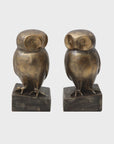 The Resin Owl Bookends by Bloomingville feature two elegant figures on square bases, reminiscent of classic owl bookends. Their smooth, rounded bodies and intricately carved eyes showcase a timeless charm as they face slightly inward against a plain, light background.