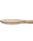 A Bloomingville Paulownia Wood Tray with Handle isolated on a white background, viewed from a side angle, showing the smooth, curved bowl and the flat handle, reminiscent of artisanal crafts found in Scottsdale Arizona.