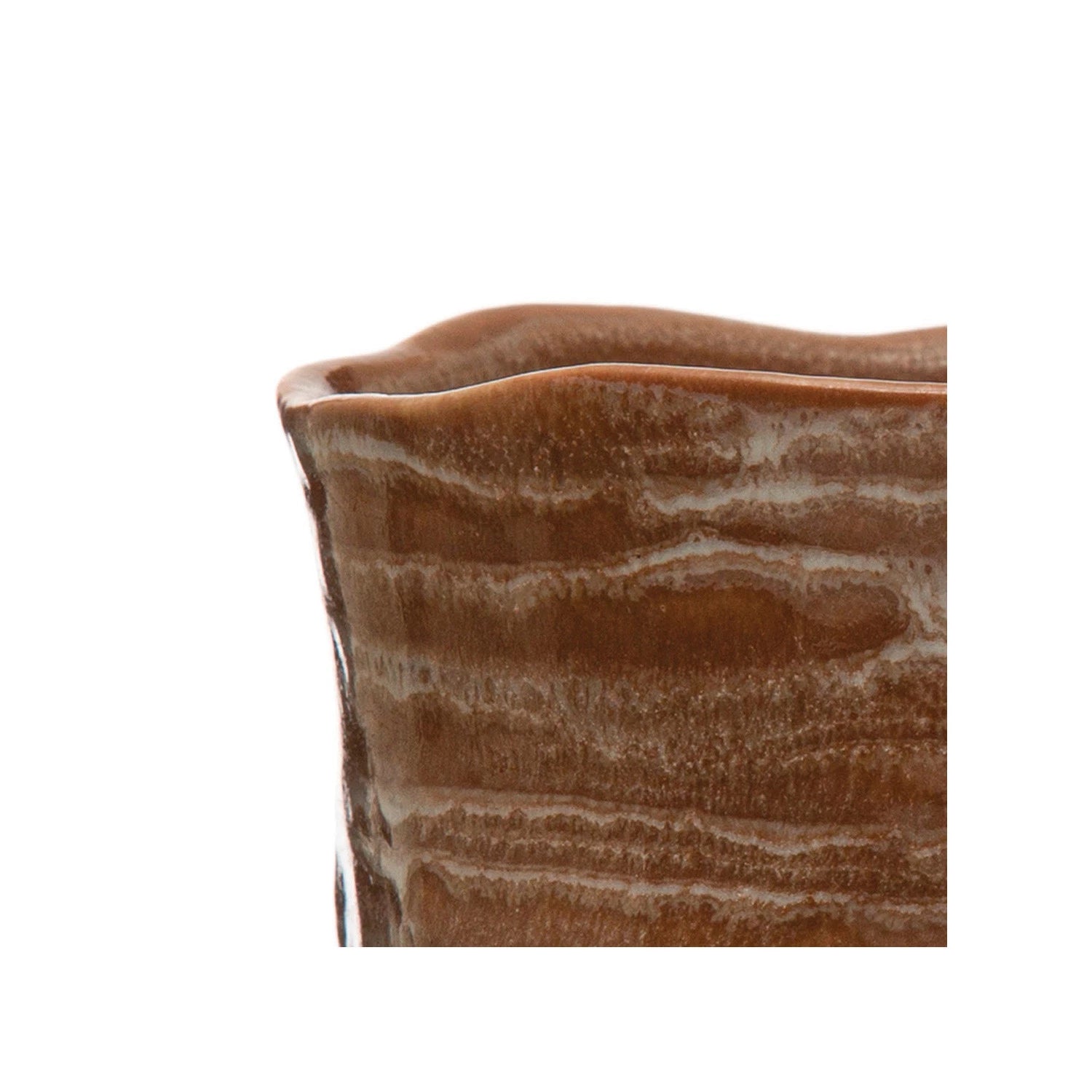 Close-up of the rim and upper side of the Creative Co-op Stoneware Planter, featuring a brown wavy-edged cup with a textured, layered glaze finish against a white background.