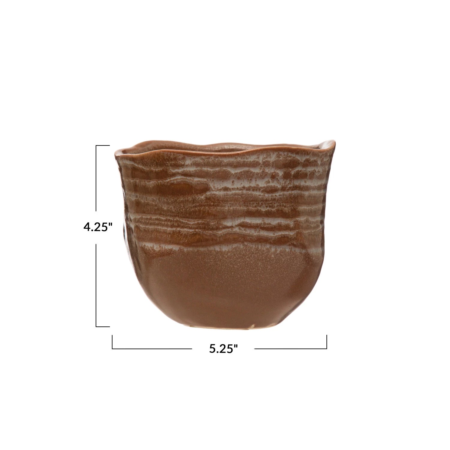 The Creative Co-op Stoneware Planter features a brown bowl with a wavy rim, measuring 4.25"H x 5.25"W. White lines and labels highlight its dimensions.
