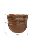 The Creative Co-op Stoneware Planter features a brown bowl with a wavy rim, measuring 4.25"H x 5.25"W. White lines and labels highlight its dimensions.