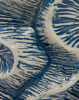 Close-up of the textured surface of a Bloomingville ceramic vase, featuring intricate blue and white patterns reminiscent of waves. The reactive glaze provides a glossy finish that accentuates the detailed grooves and ridges, showcasing artisanal craftsmanship similar to that found in a textured stoneware vase.