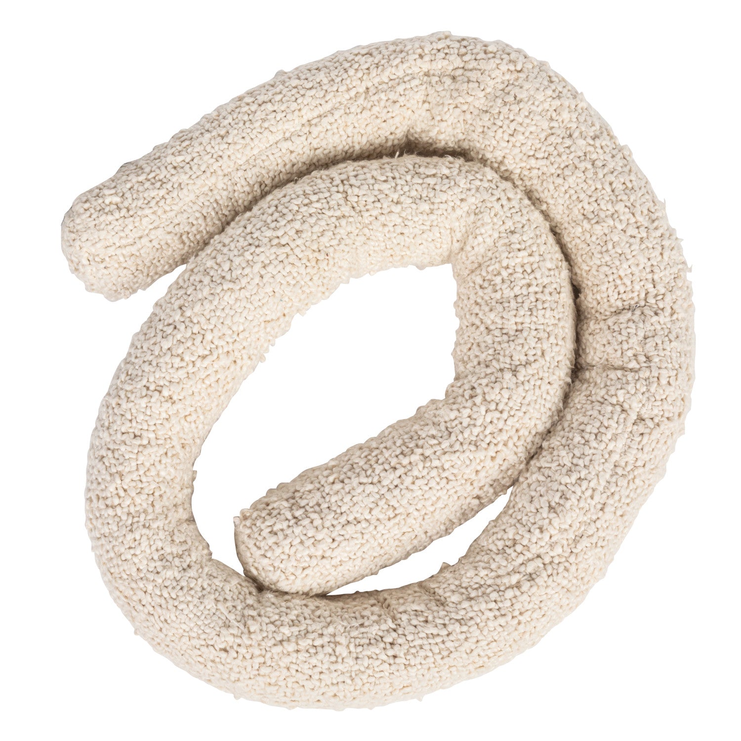 The Bloomingville Cotton Knotted Pillow is a soft, textured cream decorative cushion crafted from coiled fabric, arranged in a loose spiral and resembling a plush draft stopper or stuffed snake.