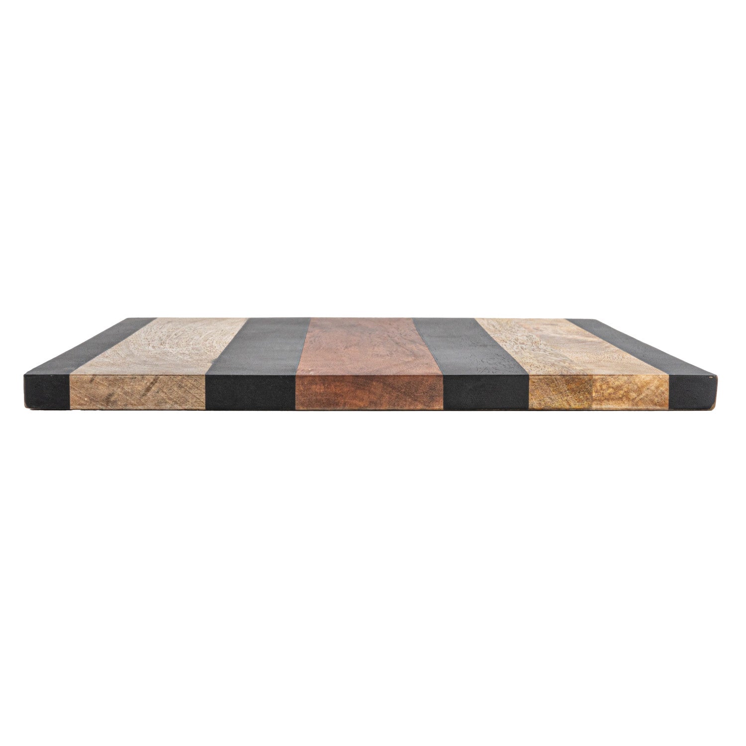 The Bloomingville Mango Wood Serving Board features alternating light, medium, and dark wood stripes—ideal as a cutting board or serving tray, adding a stylish touch to any table.