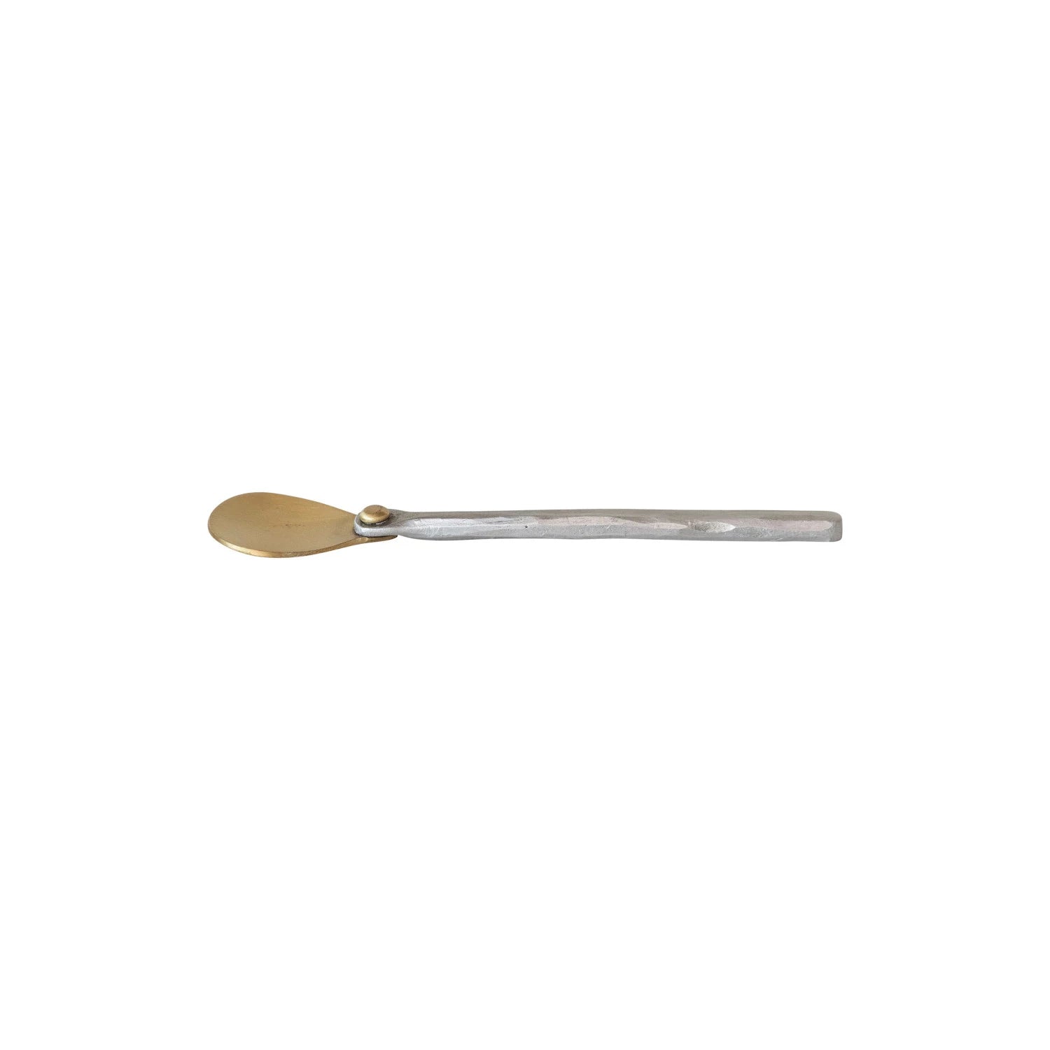 The Bloomingville Brass Spoon Alum Handle features a gold-colored, oval bowl with a matte finish and hammered aluminum handle, placed horizontally on a plain white background.