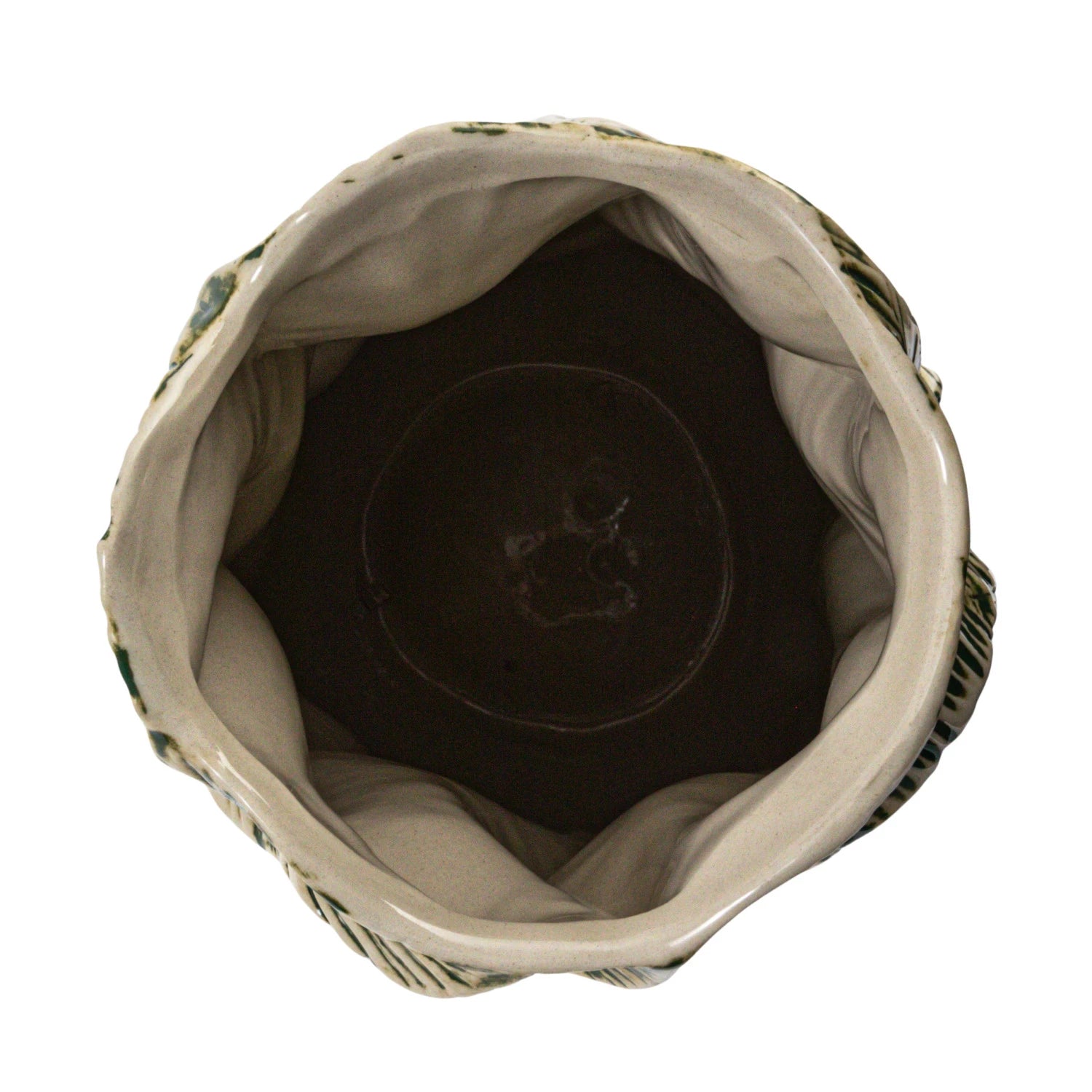 Top view of the Bloomingville Green Floral Texture Vase, an empty round stone vase with wavy edges, a glossy light interior, and green decorative accents along the rim.