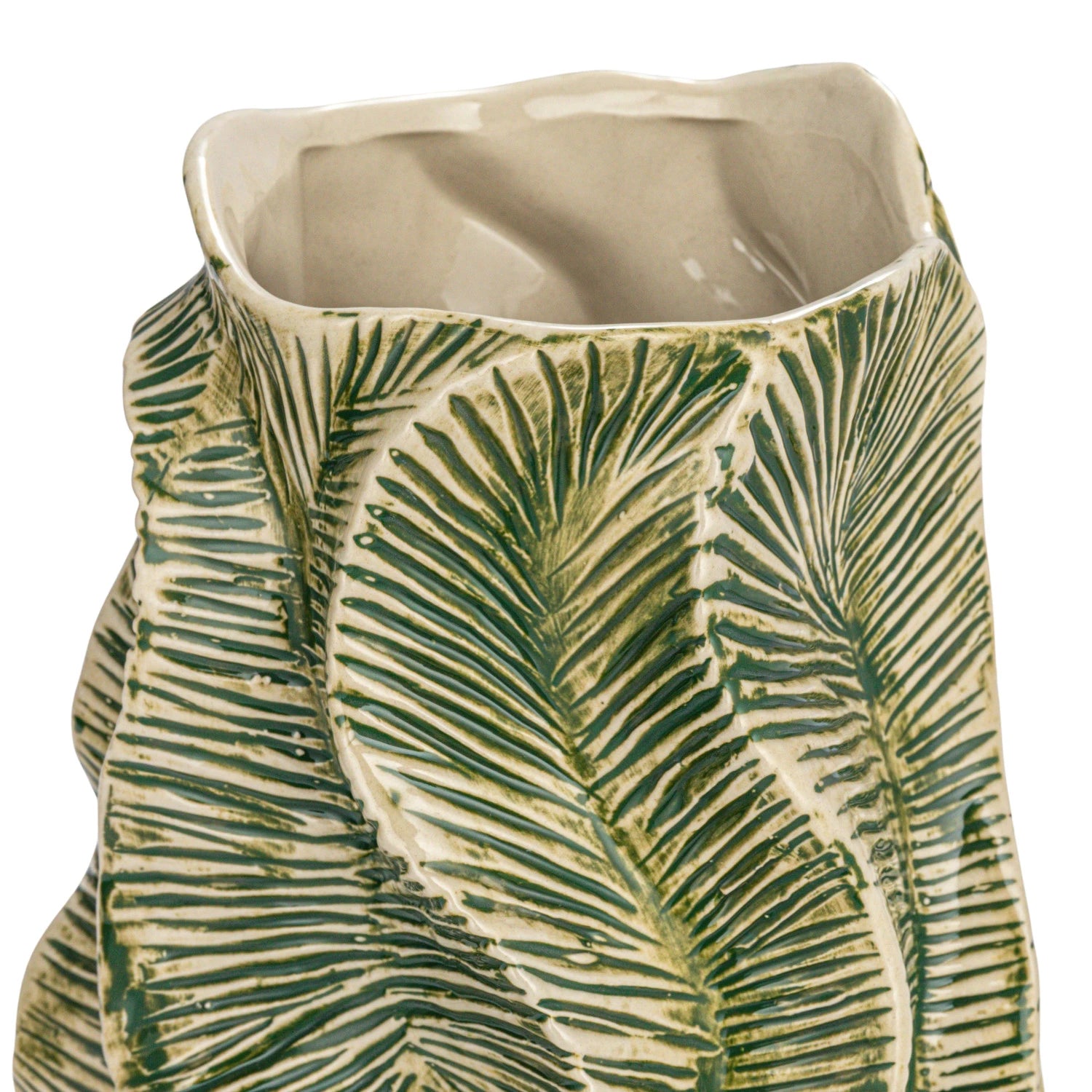 A close-up of the Bloomingville Green Floral Texture Vase, a round stoneware piece featuring green and cream palm leaf patterns and a wavy rectangular rim.