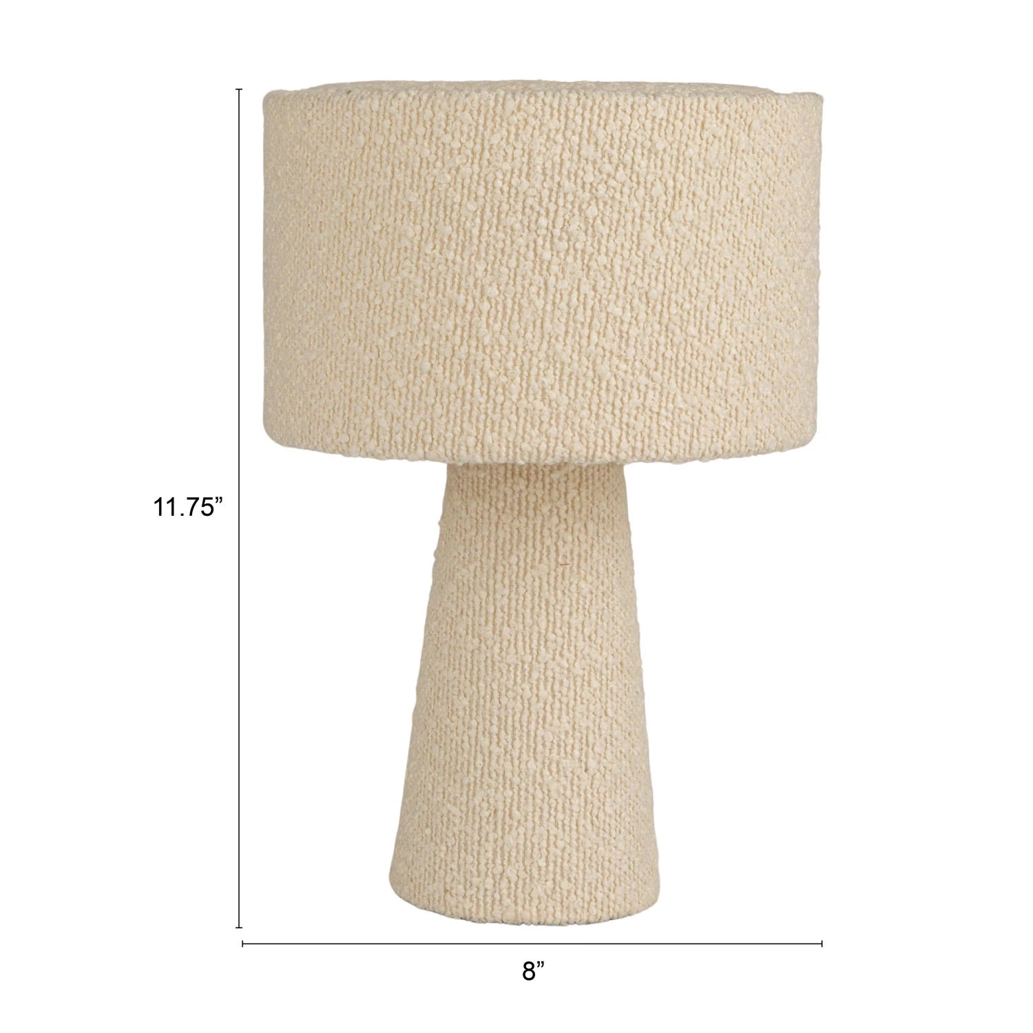 The Bouclé Ivory Fabric Table Lamp by Bloomingville features a textured finish, conical base, cylindrical shade, and measures 11.75" tall by 8" wide. Shown on a white background.