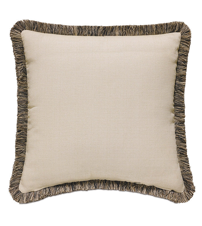 Beige houndstooth pillow with brush fringe and dark brown trim by Eastern Accents, chic room accent.