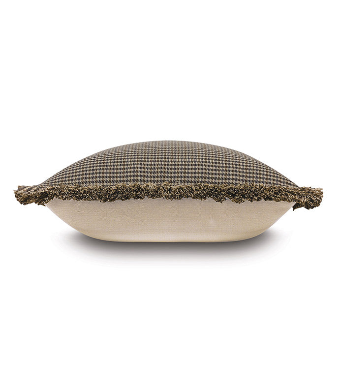 Brown and navy houndstooth pillow with brush fringe, beige back; Eastern Accents AID-01, side view.
