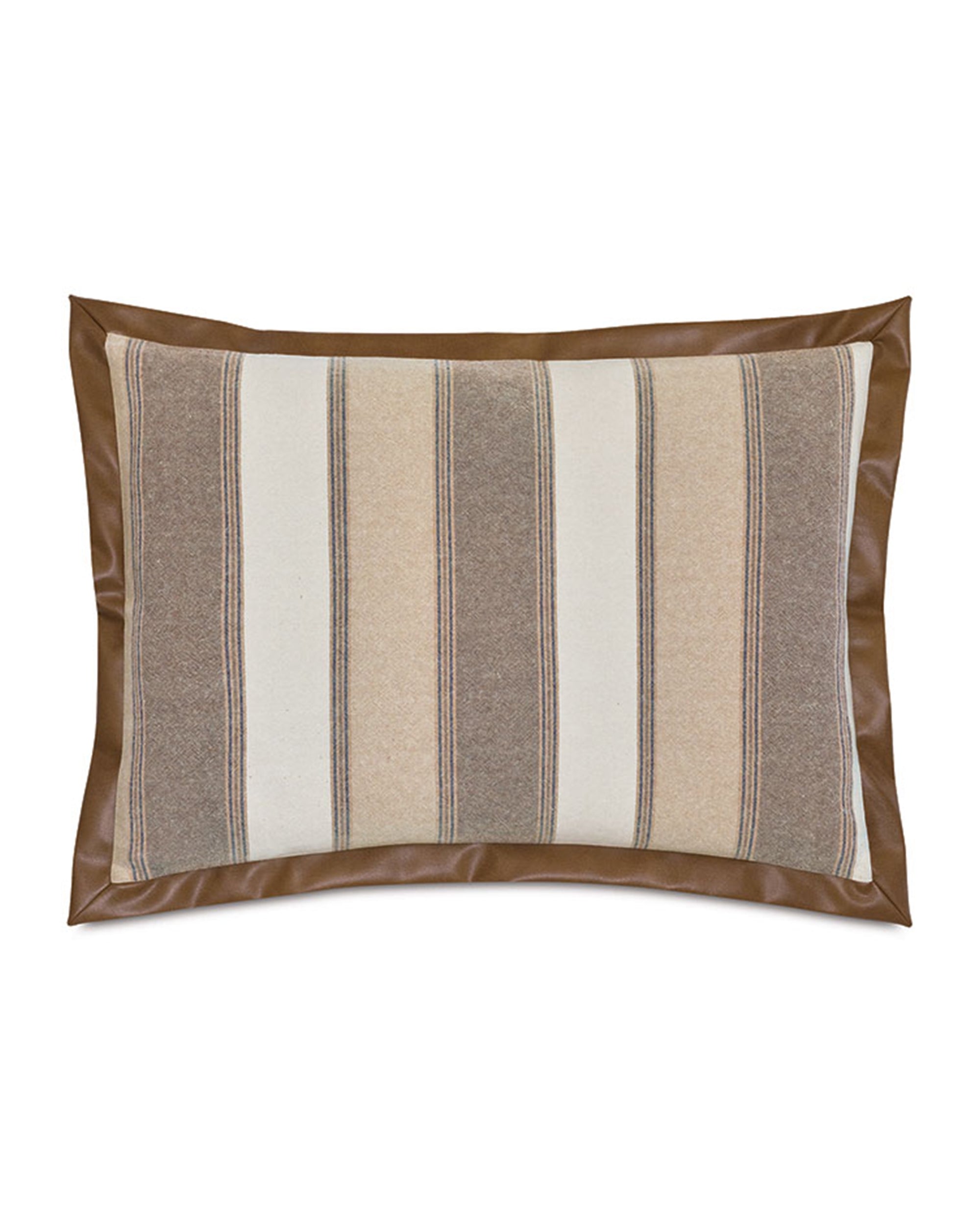 The Aiden Stripe Dutch Euro Sham by Eastern Accents features a rectangular linen-cotton blend with vertical beige, brown, and cream stripes, finished with a wide brown faux leather flange.