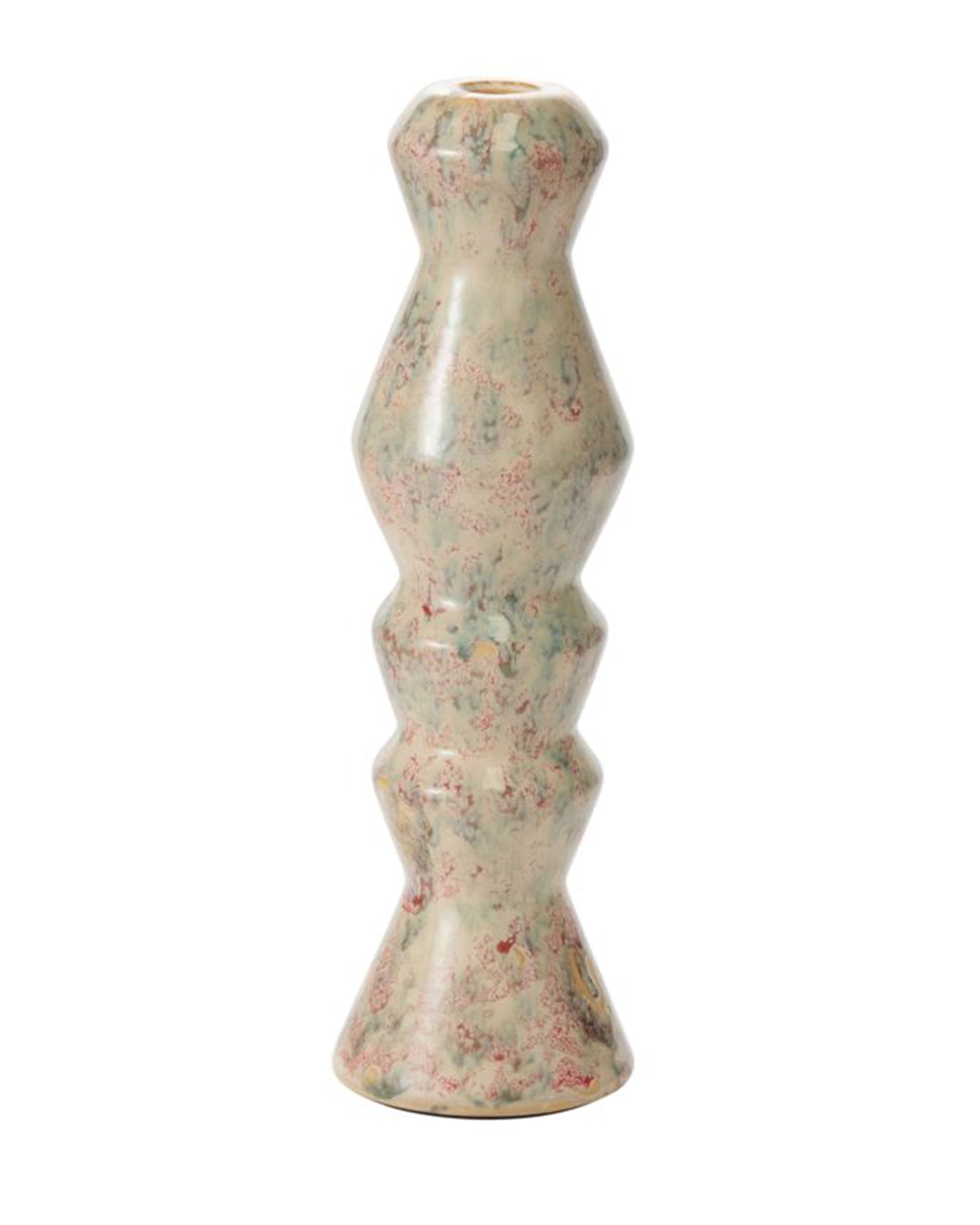 Accent Decor’s 93886 Ailey Candleholder (3.75x12.5) features a tall, sculptural ceramic design with a zigzag geometric shape and marbled beige, pink, and blue—perfect for pairing with any handcrafted artisanal taper candle holder.