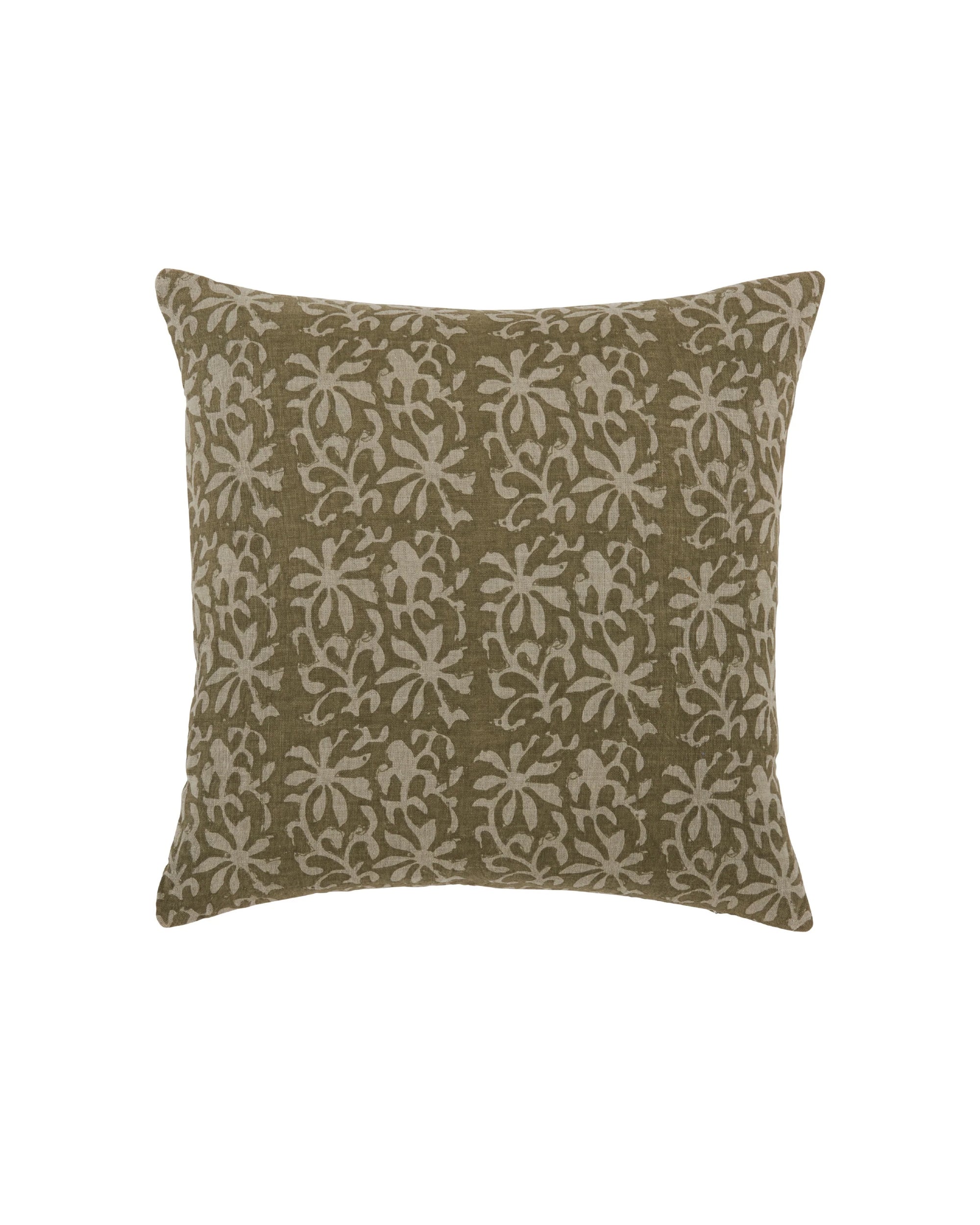 The Aisha Pillow by Liam & Lana is a handcrafted square pillow from India, featuring an olive green background with a beige botanical block-print design.