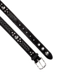 The Gaucho Ceinture/Belt by Jerome Dreyfuss is a black leather belt with a silver buckle and adjustable waistband, featuring a braided design adorned with domed metal rivets and circular silver studs on both sides.