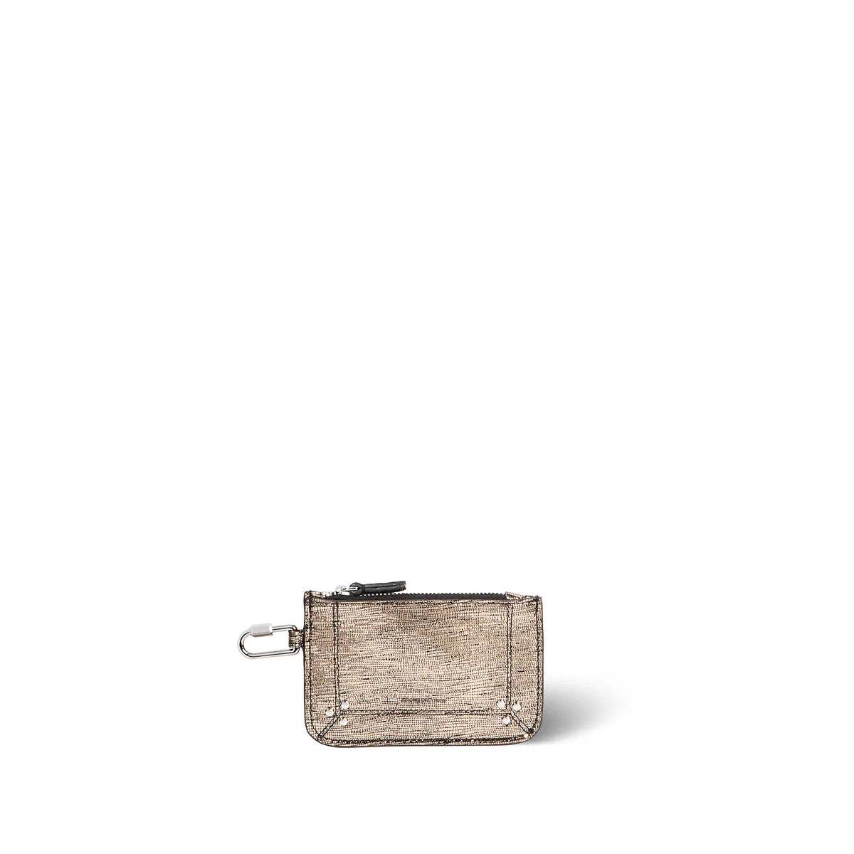 The Popoche XS Pouch by Jerome Dreyfuss is a small metallic rectangular calfskin pouch with a top zipper and side clip, elegantly displayed on a plain white background.