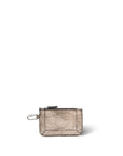 The Popoche XS Pouch by Jerome Dreyfuss is a small metallic rectangular calfskin pouch with a top zipper and side clip, elegantly displayed on a plain white background.