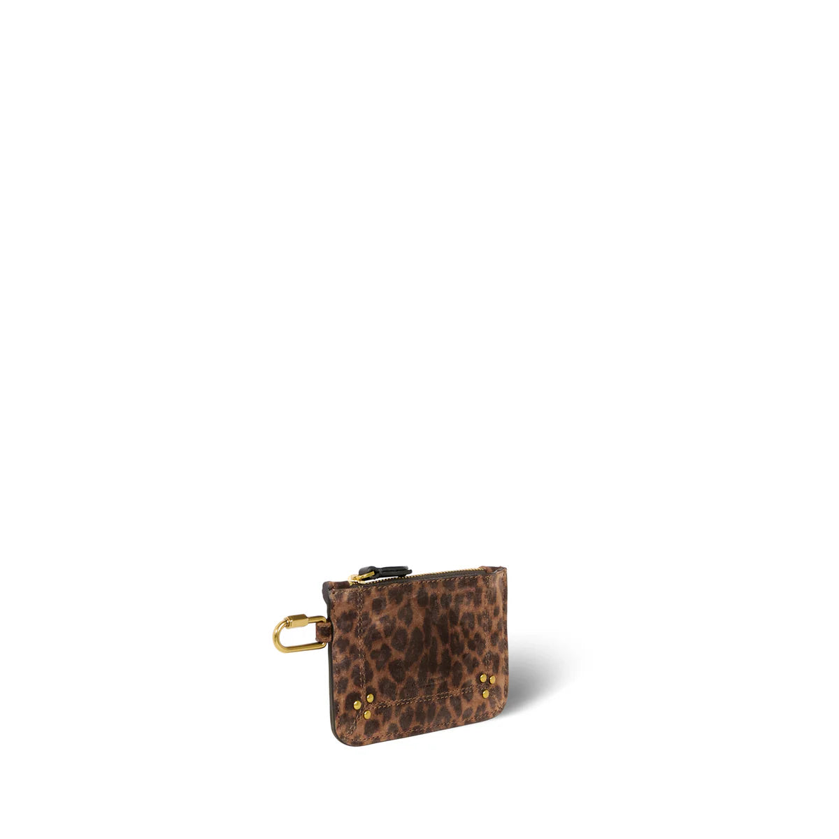 The Popoche XS Pouche by Jerome Dreyfuss is a stylish, rectangular calfskin handbag with a leopard print design. It features a gold top zipper and side clasp for easy attachment. The background is elegant in plain white.