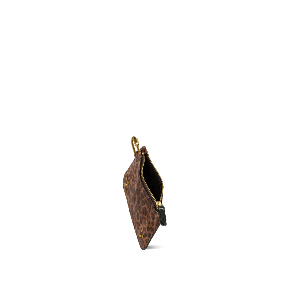 The Popoche XS Pouch by Jerome Dreyfuss is a small, brown leopard print pouch made from luxurious calfskin, featuring a gold zipper and clip on one end, displayed from the side against a white background.