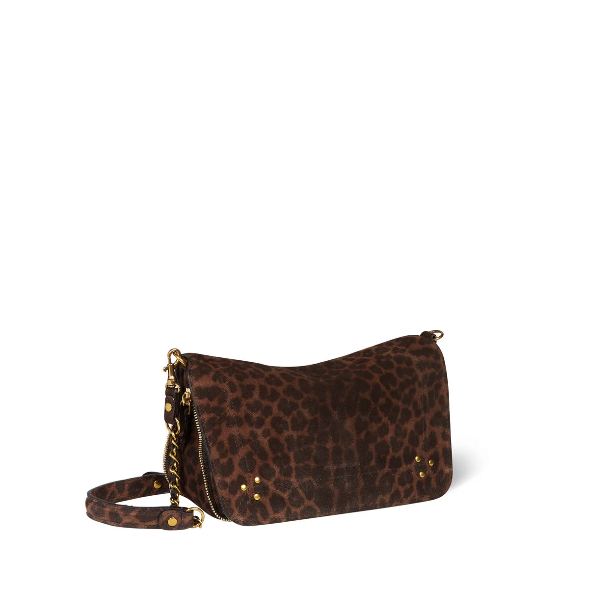 The Bobi Small Bag by Jerome Dreyfuss is a chic brown leopard print leather chain shoulder bag set against a white backdrop, featuring a fold-over flap with two small decorative studs for a sleek, modern look.