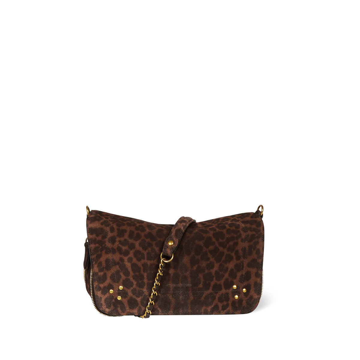 The Bobi Small Bag by Jerome Dreyfuss is a brown leopard print shoulder bag featuring a leather chain strap, gold stud accents on the front, and a zippered closure, all set against a plain white background.