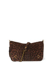 The Bobi Small Bag by Jerome Dreyfuss is a brown leopard print shoulder bag featuring a leather chain strap, gold stud accents on the front, and a zippered closure, all set against a plain white background.