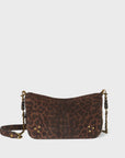 The Bobi Small Bag by Jerome Dreyfuss is a brown leopard print shoulder bag featuring a braided leather chain strap and small gold rivets, set against a plain white background.