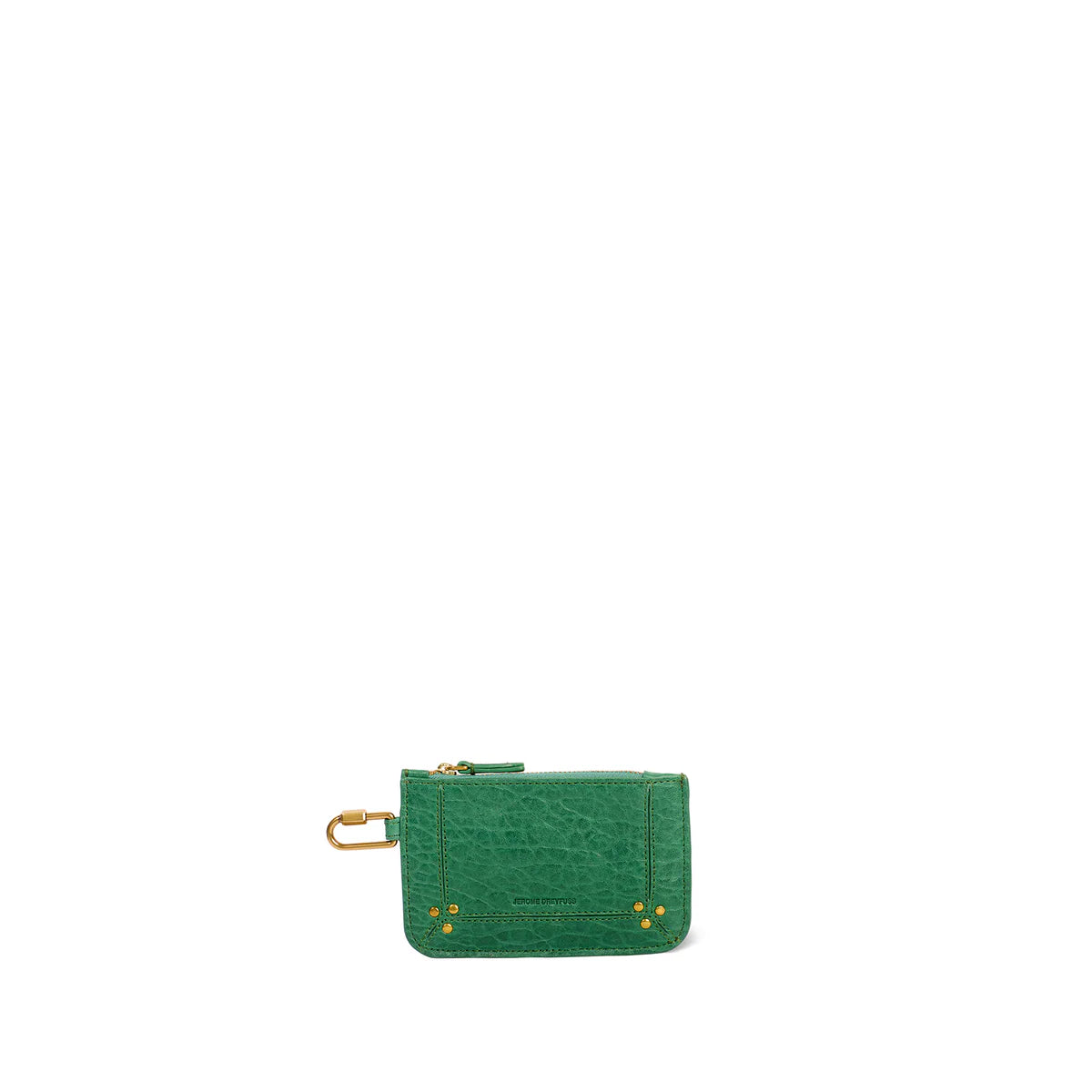 A small green goatskin leather Popoche XS Pouche wallet by Jerome Dreyfuss, featuring a textured surface, zipper closure, and a gold-tone keyring. The brand name is embossed on the front against a white background.