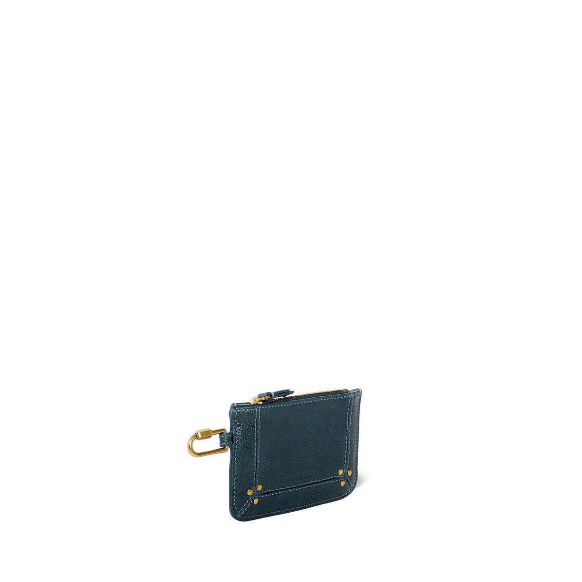 A Popoche XS Pouche from Jerome Dreyfuss, crafted in compact, dark green goatskin leather with yellow stitching and a gold zipper, is shown on a white background. It includes a gold clasp on one side to secure keys or other items.