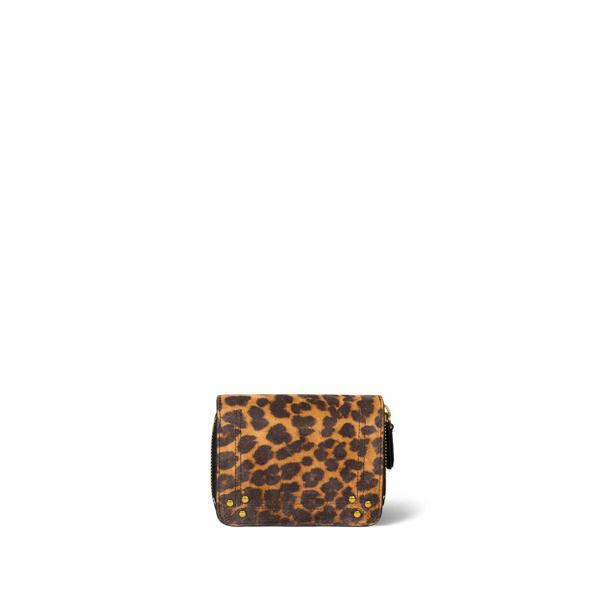 The Henri Zip Wallet by Jerome Dreyfuss is a compact lambskin leopard print piece featuring a flap closure, gold-tone studs, and zipper detailing on the side against a white background.