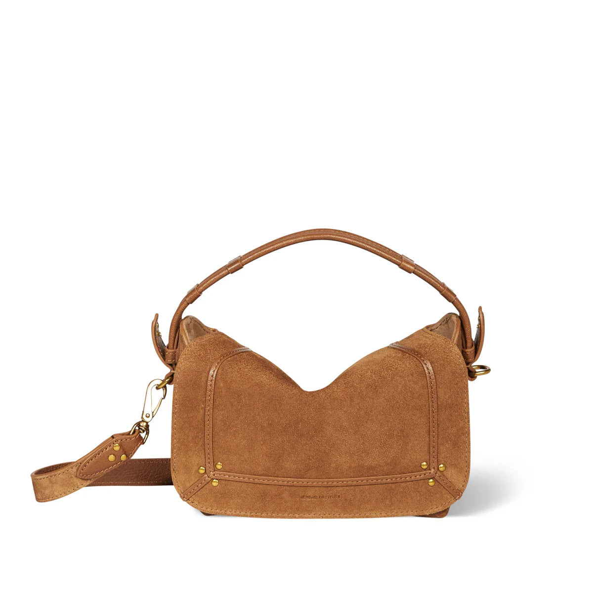 The Jerome Dreyfuss Pepito Small Bag is a brown suede shoulder bag with a curved top and short handle. Crafted in Italy, it features a detachable strap, gold hardware, decorative stitching, and is accented with small gold rivets at the corners for a minimalist design.