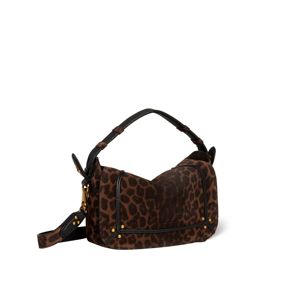 The Pepito Small Bag by Jerome Dreyfuss showcases a brown leopard print with black quilted leather accents, featuring a top handle and removable shoulder strap. Crafted with exquisite detail in Italy, it's shown against a white background.